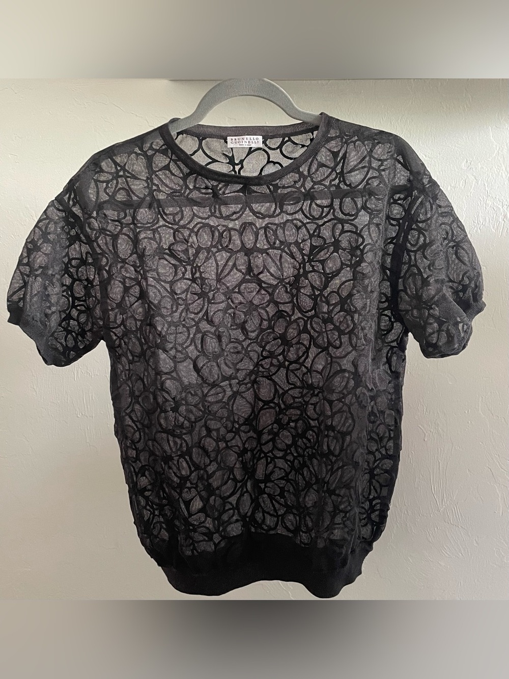 Brunello Cucinelli Sheer Abstract-Print Short Sleeve Top
Color: Dark Gray